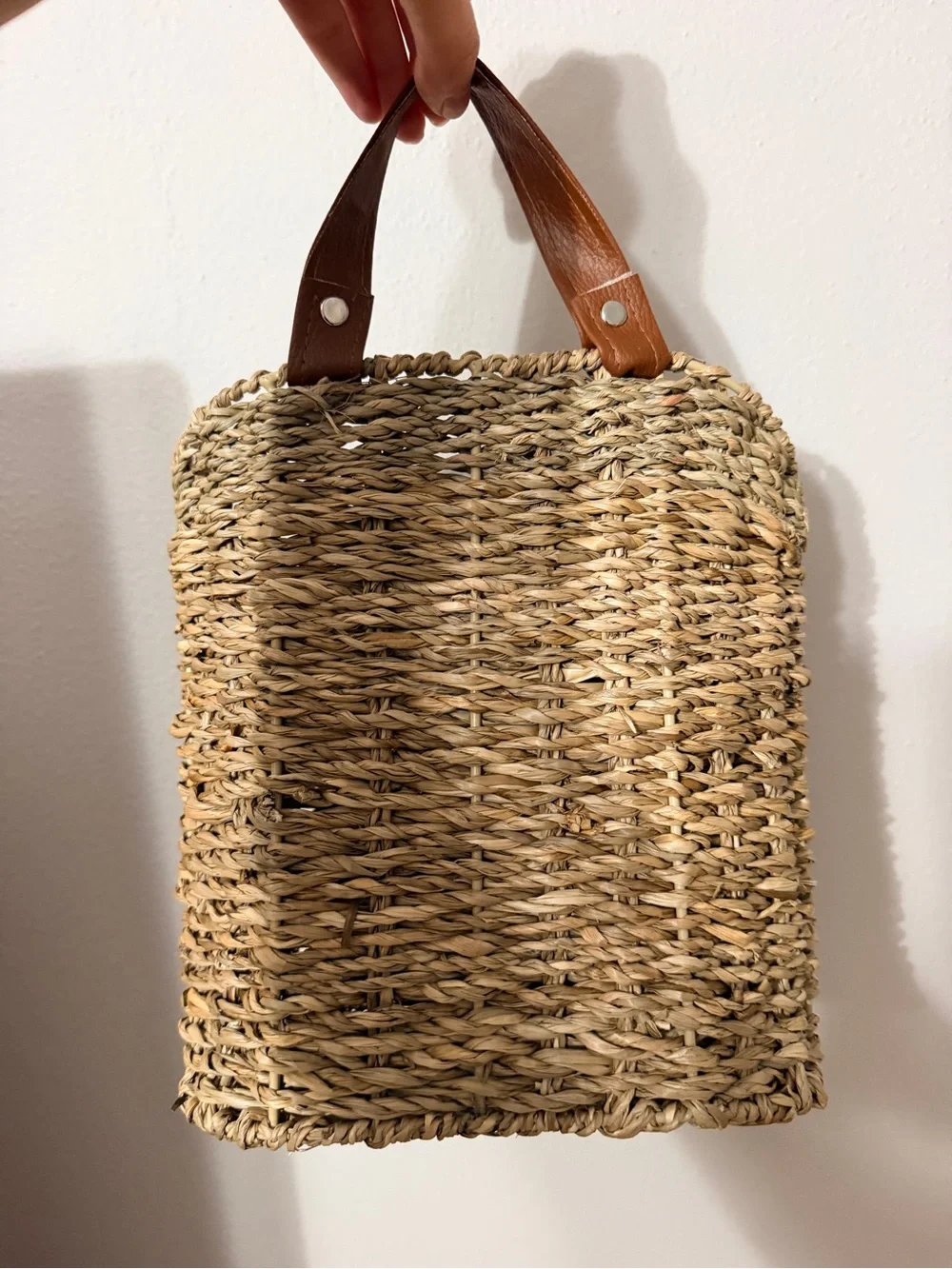Woven Straw storage with Brown Leather Handles - Natural